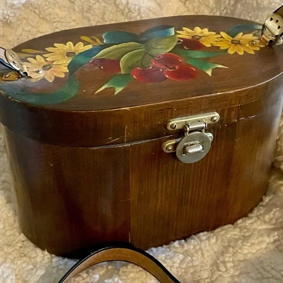 Vintage Wooden Bag with Floral Art - Hinged Case with Shoulder Strap - Picture 1 of 8